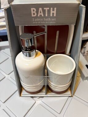 3-Piece Bath Set - White  Ceramic with chrome Pump, tumbler, tray w/ wood insert
